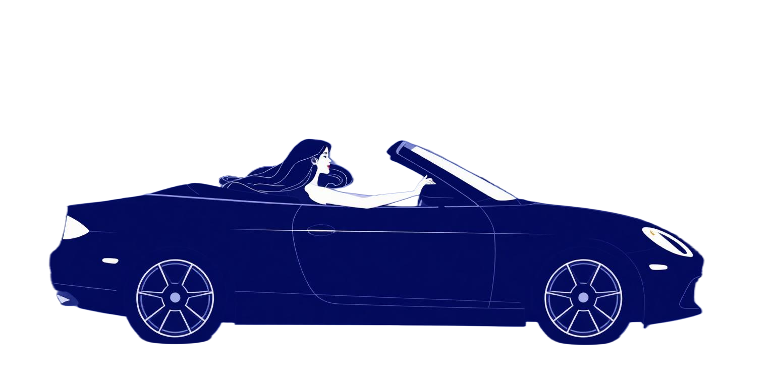 Woman driving a convertible through the city